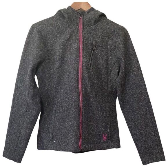 Spyder Full Zip Gray Winter Jacket Hooded Fleece Lined Women Size Large Pink Zip - Picture 1 of 9